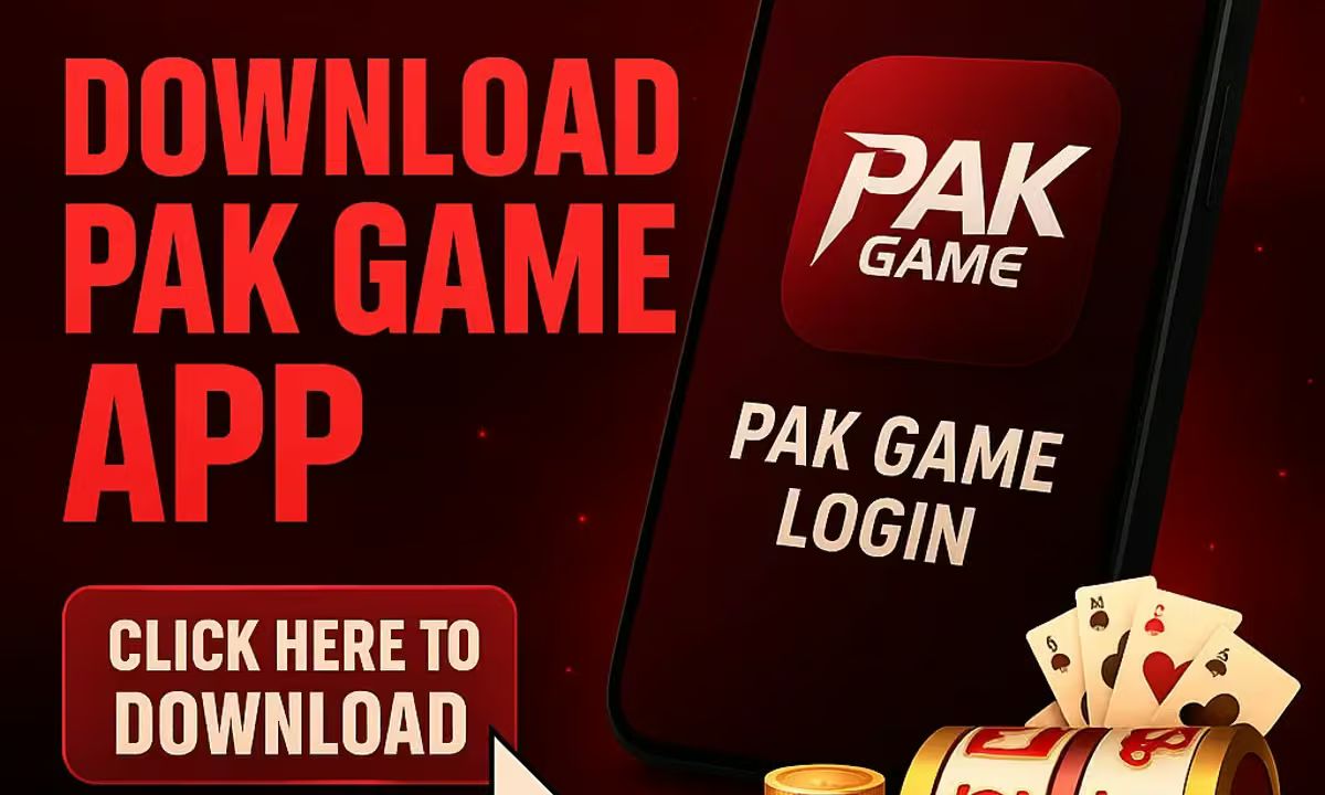 Download Pak Game app banner showing the Pak Game logo on a phone screen, with playing cards and coins