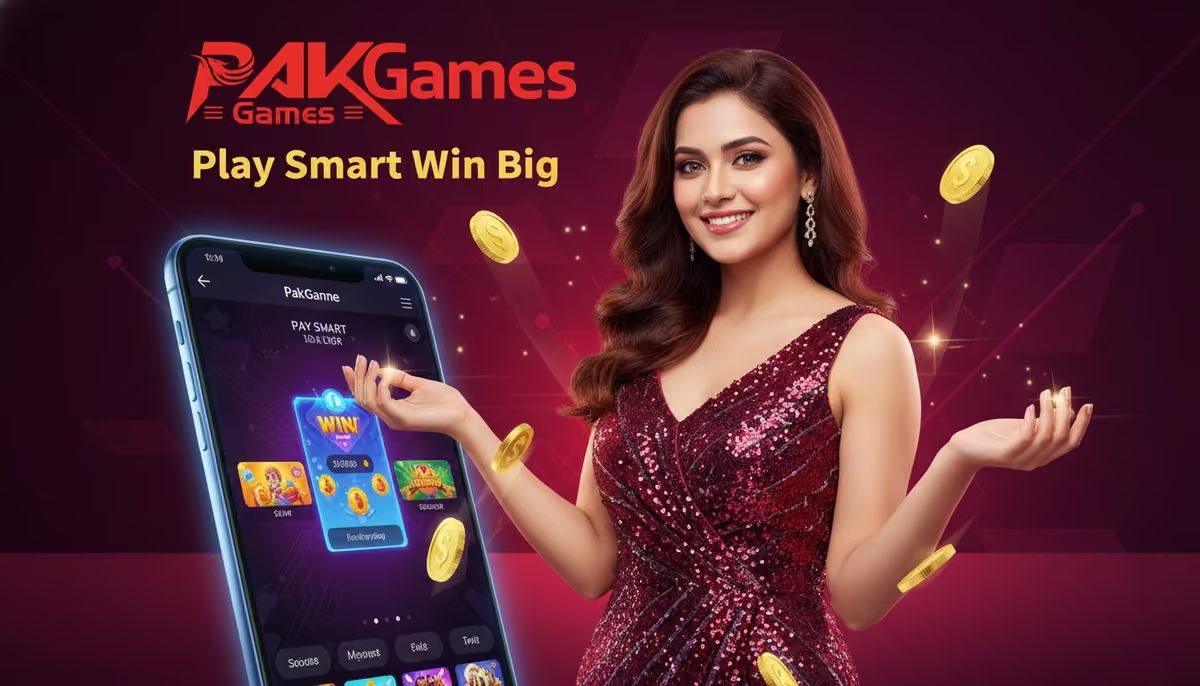 Pak Games app on a smartphone beside a smiling woman, with the Pak Games logo and gold coins on a dark red background